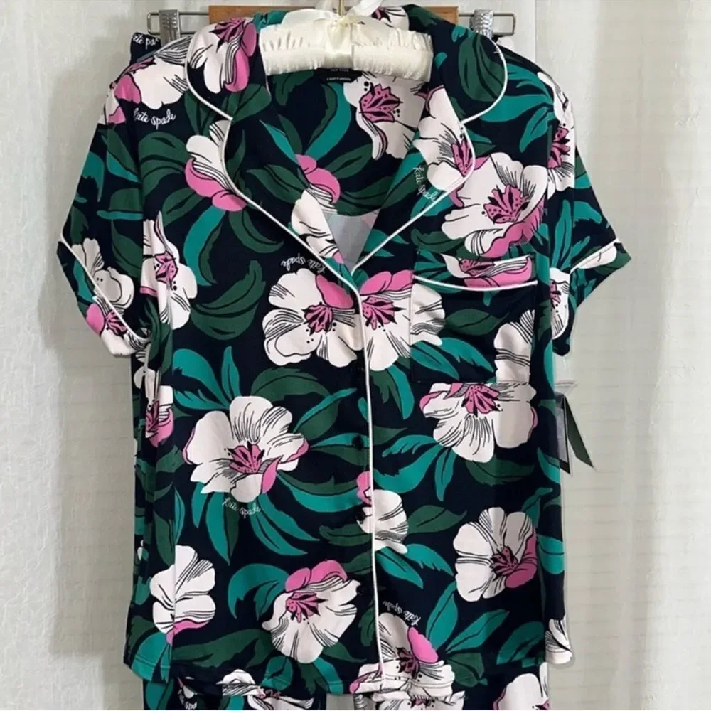 kate spade S Navy Pink White Black Floral Blossom Cozy PJ Short Sleeve & Pants